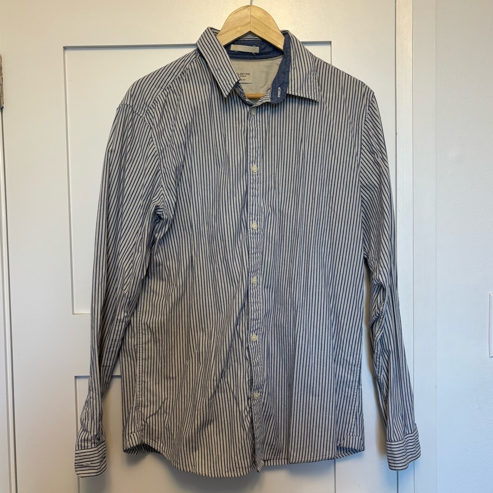Selected Homme Slim Fit Men's Button Down Shirt Navy White Striped Size L